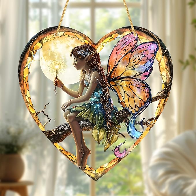 1PC Flower Fairy Acrylic Stained Glass Suncatcher Nature Heart-Shaped Magic and Butterfly Girls Suncatcher Hanging Decoration with Cord SunCatchers for Window Decor Outdoor Garden Decor Gift (Yellow)