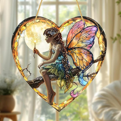 1PC Flower Fairy Acrylic Stained Glass Suncatcher Nature Heart-Shaped Magic and Butterfly Girls Suncatcher Hanging Decoration with Cord SunCatchers for Window Decor Outdoor Garden Decor Gift (Yellow)