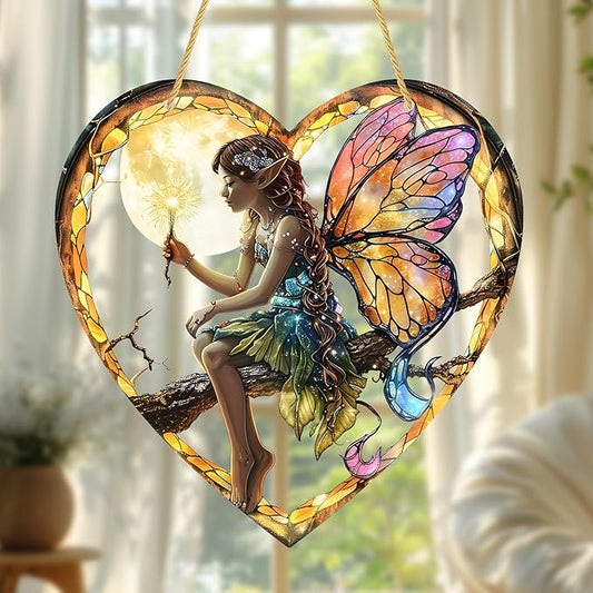 1PC Flower Fairy Acrylic Stained Glass Suncatcher Nature Heart-Shaped Magic and Butterfly Girls Suncatcher Hanging Decoration with Cord SunCatchers for Window Decor Outdoor Garden Decor Gift (Yellow)