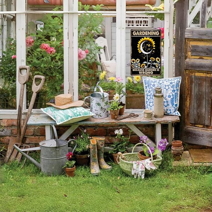 Gardening Gifts for Women Because Murder Is Wrong Metal Tin Signs Funny Garden Signs for Home Garden Greenhouse Yard Backyard Outdoor Decor(8 X 12) Inch