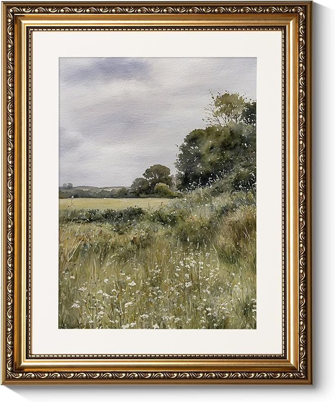 ARPEOTCY Vintage Gold Framed Wall Art, 13x16 inch Farmhouse Meadow Landscape Country Paintings Home Decor, Moody Rustic Victorian Wall Decor for Living Room, Canvas Prints Antique Pictures Frame