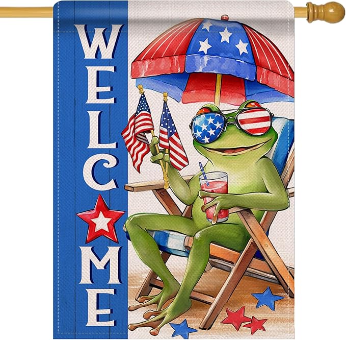 Artofy Welcome 4th of July Frog Large Decorative House Flag, Patriotic Beach Chair Sunshade America Yard Garden Outside Decor, Coastal American USA Burlap Outdoor Home Decoration Double Sided 28 x 40