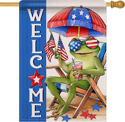 Artofy Welcome 4th of July Frog Large Decorative House Flag, Patriotic Beach Chair Sunshade America Yard Garden Outside Decor, Coastal American USA Burlap Outdoor Home Decoration Double Sided 28 x 40