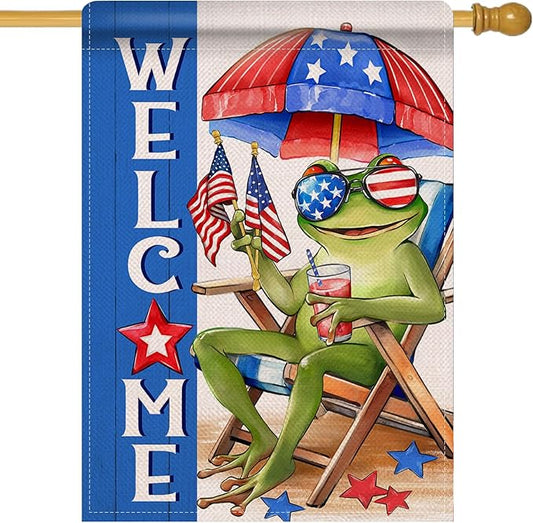 Artofy Welcome 4th of July Frog Large Decorative House Flag, Patriotic Beach Chair Sunshade America Yard Garden Outside Decor, Coastal American USA Burlap Outdoor Home Decoration Double Sided 28 x 40