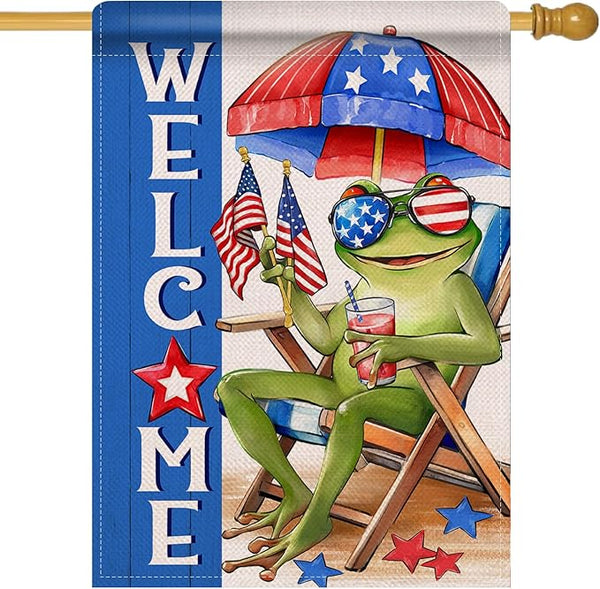 Artofy Welcome 4th of July Frog Large Decorative House Flag, Patriotic Beach Chair Sunshade America Yard Garden Outside Decor, Coastal American USA Burlap Outdoor Home Decoration Double Sided 28 x 40