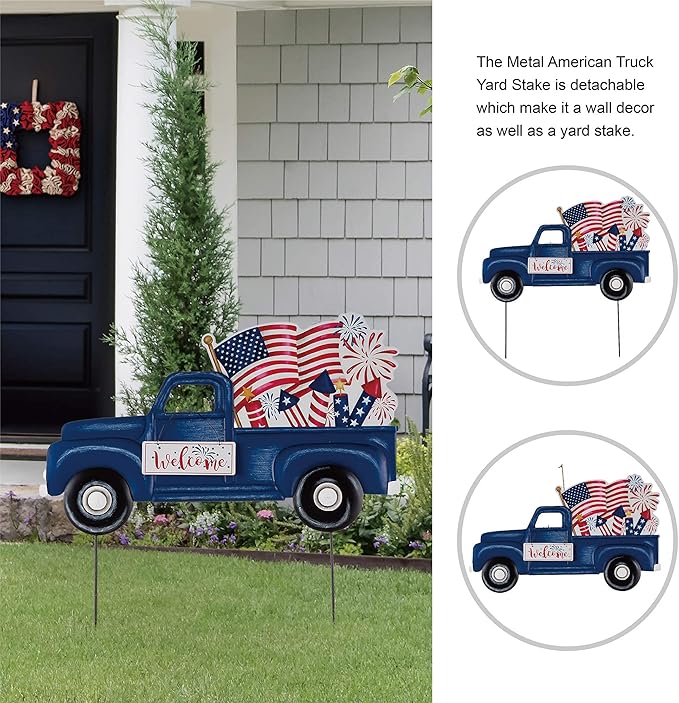 Glitzhome 23.75" H Metal Truck Patriotic Garden Yard Signs with Stake, 4th of July Welcome American Holiday Wall Outdoor Backyard Party Patriot's Day Decon