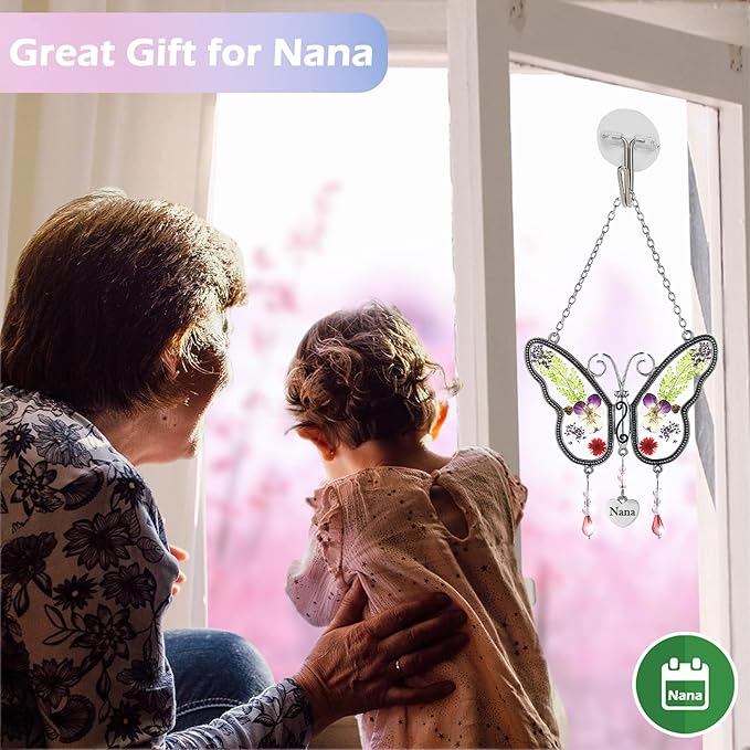 Nana Gift Butterfly Suncatcher for Window Hanging Sun Catchers Ornament with Pressed Flower Nana Heart Charm Birthdays Gift for Women for Nana Gift for Grandma