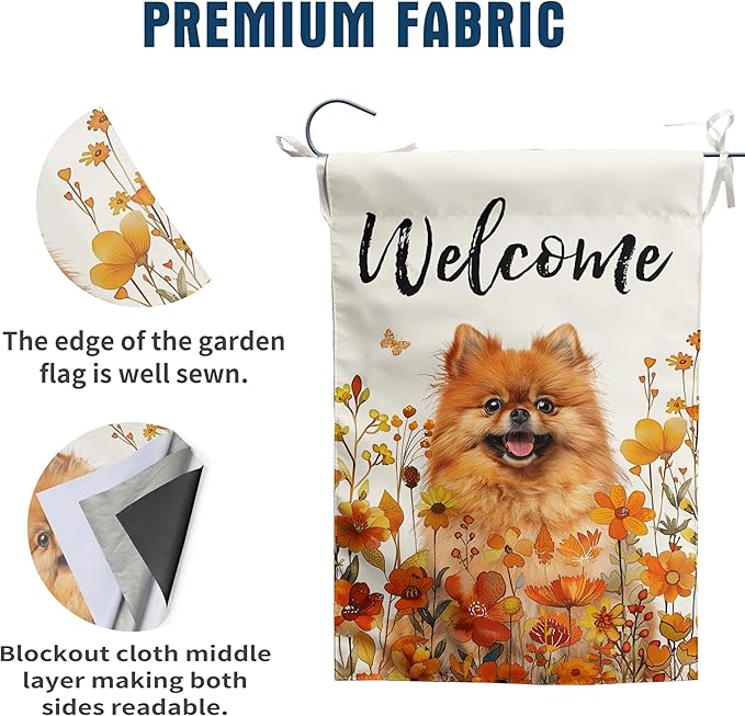 Pomeranian Fall Garden Flag Autumn Dog Yard Sign Orange Floral Thanksgiving Outdoor Banners for Outside 12x18 Double Sided Small Wild Flower Lawn Decorations