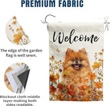Pomeranian Fall Garden Flag Autumn Dog Yard Sign Orange Floral Thanksgiving Outdoor Banners for Outside 12x18 Double Sided Small Wild Flower Lawn Decorations