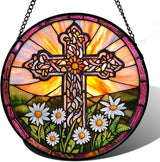 DASTOLL Christian Gifts for Women - Cross Stained Glass Window Hanging Jesus Easter White Daisy Flower Sun Catcher Garden Religion Decor Mother's Day Catholic Gift for Men Grandma Nana Her 11.8"
