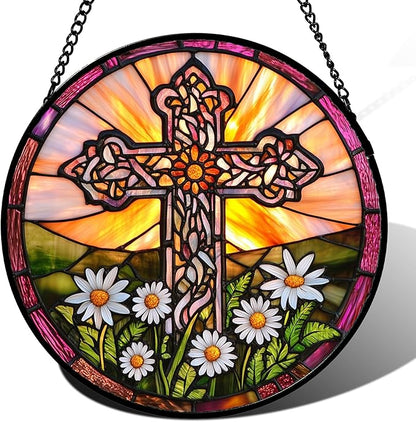 DASTOLL Christian Gifts for Women - Cross Stained Glass Window Hanging Jesus Easter White Daisy Flower Sun Catcher Garden Religion Decor Mother's Day Catholic Gift for Men Grandma Nana Her 15"