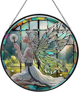 Dandelion Fairy Stained Glass Window Hanging, Suncatcher Diamond Glass Panel Hangings, Sun Catchers Indoor Windows Wall Art, Gifts for Mom Grandma, Christmas Decor for Home Garden Office 7.87 inches