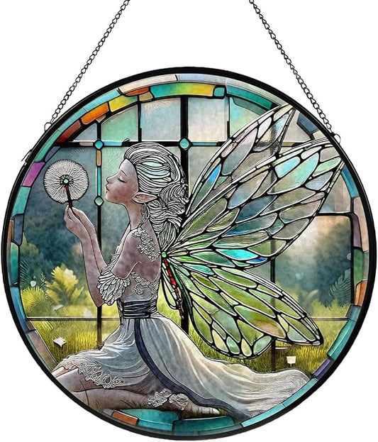 Dandelion Fairy Stained Glass Window Hanging, Suncatcher Diamond Glass Panel Hangings, Sun Catchers Indoor Windows Wall Art, Gifts for Mom Grandma, Christmas Decor for Home Garden Office 7.87 inches