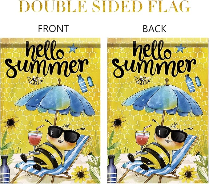 Summer Garden Flag 12x18 Inch Hello Summer Bee Honeycomb Beach Chair Sunglasses Cute Cartoon Design Outdoor Yard Porch Lawn Patio for Seasonal Farmhouse Home Decor