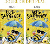 Summer Garden Flag 12x18 Inch Hello Summer Bee Honeycomb Beach Chair Sunglasses Cute Cartoon Design Outdoor Yard Porch Lawn Patio for Seasonal Farmhouse Home Decor