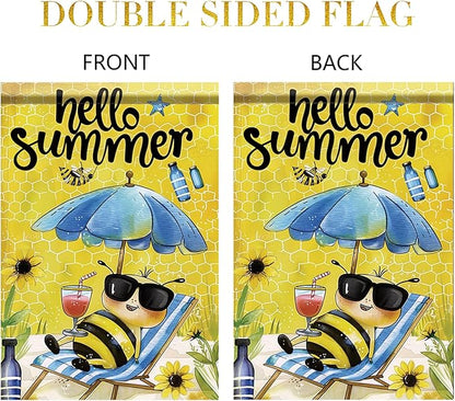 Summer Garden Flag 12x18 Inch Hello Summer Bee Honeycomb Beach Chair Sunglasses Cute Cartoon Design Outdoor Yard Porch Lawn Patio for Seasonal Farmhouse Home Decor