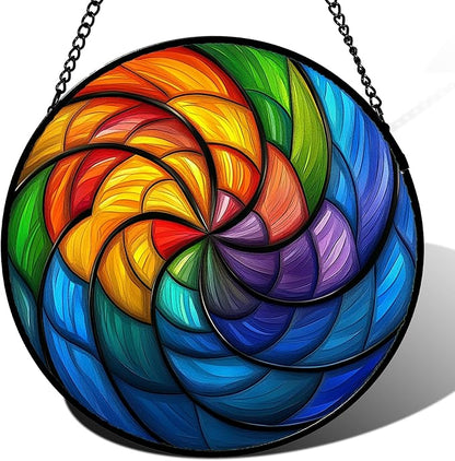 Stained Glass Window Hanging Rainbow Colored Abstract Vortex Large 15" - Suncatcher Door Garden Sun Catcher Home Decor Birthday Christmas for Woman Nana Friend Men