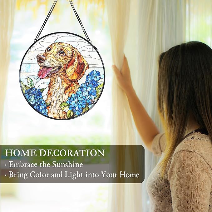Dachshund Hydrangea Stained Glass Window Hanging Suncatcher, Weiner Dog Sun Catcher Indoor Window, Dachshund Gifts for Women, Dog Painted Glass Round Wall Hanging Decorations, 7.8x7.8 in