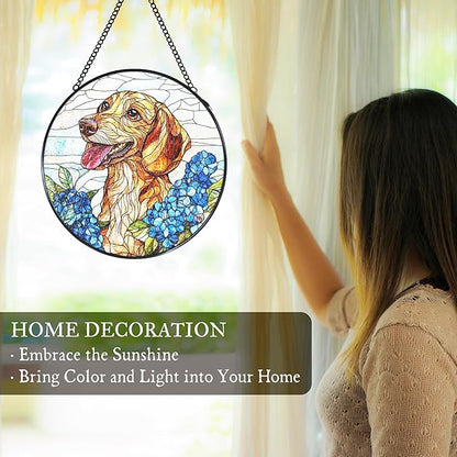 Dachshund Hydrangea Stained Glass Window Hanging Suncatcher, Weiner Dog Sun Catcher Indoor Window, Dachshund Gifts for Women, Dog Painted Glass Round Wall Hanging Decorations, 7.8x7.8 in