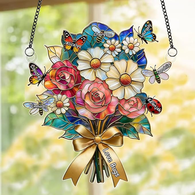 Personalized Grandma Flower Stained Glass Suncatchers, Custom Name Mom Sun Catcher, Mothers Day Flower Bouquet Acrylic Window Hanging Ornament, Mother's Day Christmas Birthday Gifts (Style 13)