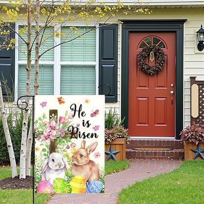 He Is Risen Easter Garden Flag for Outdoor Spring Christian Cross Floral Bunny Egg Yard Banner Religious Resurrection Sunday Decor Double Sided Farmhouse House Welcome Flags 12x18 Inch