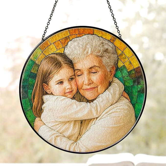 Personalized Stained Glass Window Hanging Ornament, Custom Grandma and Grandkids Photo Decoration, Unique for Mother’s Day, Birthday or Christmas, Keepsake Home Window Art for Grandma