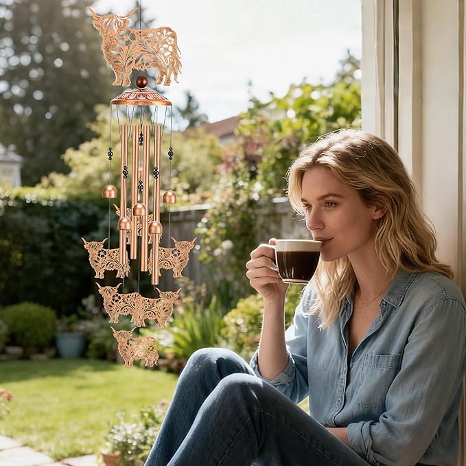 Cow Wind Chimes for Outside - Highland Cows Windchime with Greeting Card Indoor Outdoor Decor Garden Patio Balcony Art Hanging Thanksgiving Christmas Birthday Gift for Women Animal Lover