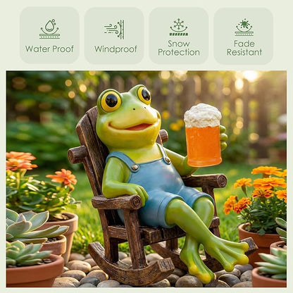 Flytime Frog Garden Decor, Outdoor Garden Statue,Frog on Rocking Chair,Suitable for Indoor and Outdoor Patios, Gardens, Flowers, and Lawns, A Whimsical Decoration(Beer)