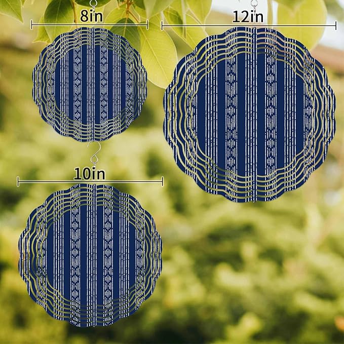 Abstract Geometric Striped Round Wind Spinner 8", 3D Stainless Steel Wind Spinners for Yard and Garden Navy Blue Indoor Outdoor Metal Hanging Craft Ornaments for Porch Lawn Home Party Decoration