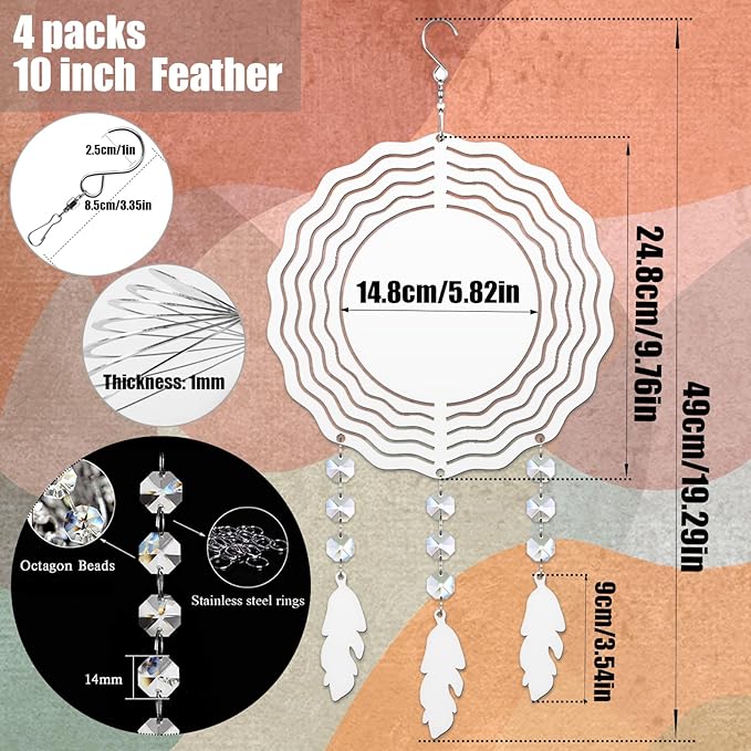 4Pack 10 inch Sublimation Wind Spinner Blanks 3D Aluminum Metal Wind Sculpture Kinetic Spinners for Yard and Garden Indoor Art Ornaments Hanging Decoration (Feather)