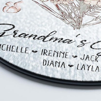 Personalized Grandma’s Garden Stained Glass Window Hanging Ornament, Custom Birth Month Flowers with Kids’ Names, Grandma Love Grows Here Floral Art