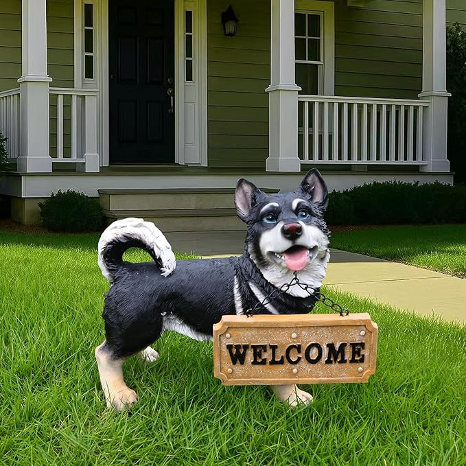 Black Husky Path Companion with Solar Lantern and Double-Sided Sign, Standing Husky Statue for Terrace, Walkway, Patio & Porch