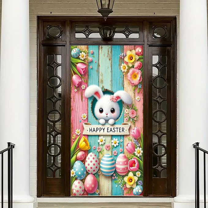 Happy Easter Door Cover Decoration Easter Eggs Bunny Door Banner Backdrop Photography Welcome Spring Outdoor Indoor Home Decors Supplies Party Decorations 70.8 x 35.4 inch