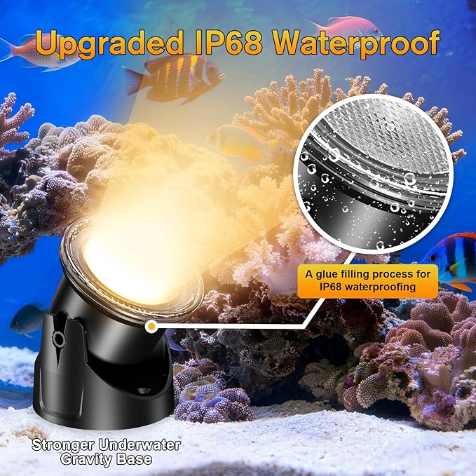 POPOSOAP LED Pond Lights 6-Head, IP68 Waterproof Underwater Lights with 8H Timer Function, 90° Rotatable Design & Gravity Base Fountain Lights for Pond, Fountain, Waterfall, Aquarium, Pool-P64HZ