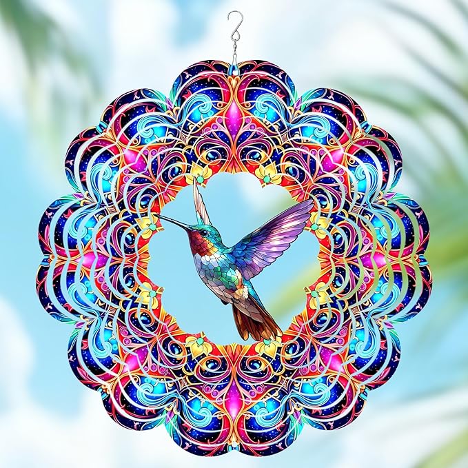 Wazzio Hummingbird Wind Spinner 12" Metal, Hummingbird Gifts for Women Mom Wife Grandma, Outdoor Indoor Hanging Ornament for Garden Porch Backyard Lawn, Gift for Birthday Thanksgiving Christmas