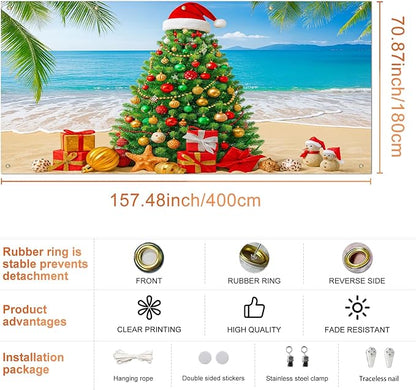IVN Merry Christmas Garage Door Banner 13x6ft Festive Backdrop with Beach Christmas Tree Garage door cover Photo Prop Background for Joyful Holiday Yard Door Cover Background Outdoor Winter Scene