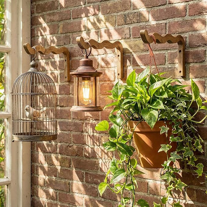 2 Pack Wooden Wall Plant Hangers, 12 Inch Wavy Hanging Plant Hooks Walnut Color Hanging Brackets for Indoor Outdoor Flower Pots, Wind Chimes, Lanterns, Bird Feeders