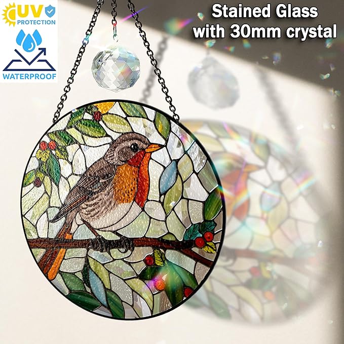 7.8" Robin Bird Stained Glass Suncatcher, Robin Birds Suncatcher Window Hanging, Birds Gifts Decor for Home Garden Housewarming, Morthers Day Bird Lover Gifts for Mom, Grandma, Women, Friend