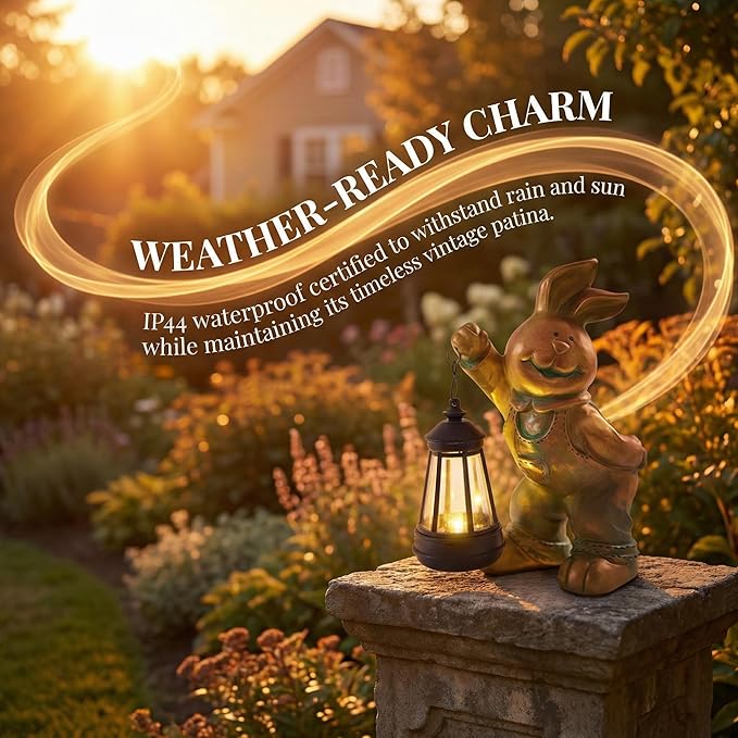 Solar Rabbit Garden Statue with LED Lantern - Outdoor Resin Animal Sculpture, Solar-Powered Waterproof Lawn Decor for Patio, Yard, Porch, Charming Easter Decor for Home & Garden (Bronze)