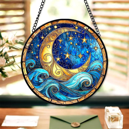 7.8" Night Sky Suncatcher Stained Glass Window Hanging Moonlight Sun Catchers Moon Star Ornament Wall Art Home Garden Kitchen Room Door Decor Birthday for Women Men Mom
