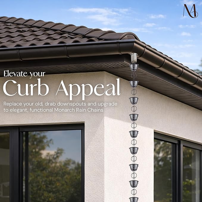 Monarch Rain Chains Aluminum Hammered Cup Pewter Rain Chains for Gutters – 8.5 ft Pewter Decorative Rainchain Outdoor Durable Heavy Duty Gutter Chain Downspout Modern Rainchains for Outside