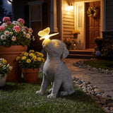 Lyeasw Dog Solar Statues with Butterfly - Waterproof Gray Dog Garden Decor for Patio, Yard, Porch- Cute Puppy Figurines with Solar LED Lights for Outdoor Decor, Pet Memorial Gift