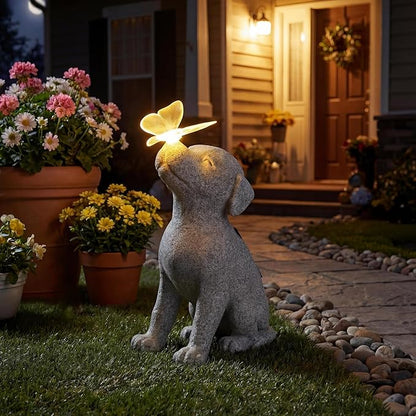Lyeasw Dog Solar Statues with Butterfly - Waterproof Gray Dog Garden Decor for Patio, Yard, Porch- Cute Puppy Figurines with Solar LED Lights for Outdoor Decor, Pet Memorial Gift