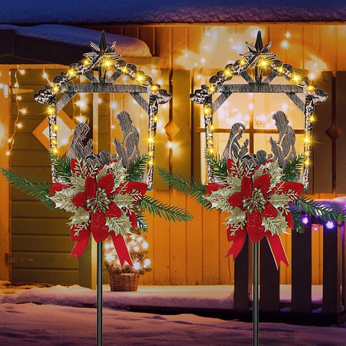 Moukeren 2 Pcs 2 Pcs 3.5ft Nativity Scene Outdoor Yard Stakes, Solar Lighted Outdoor Metal Christmas Nativity Scene Decoration for Christmas Holiday Lawn Garden Yard Decoration (Classic)