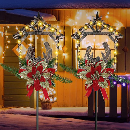 Moukeren 2 Pcs 2 Pcs 3.5ft Nativity Scene Outdoor Yard Stakes, Solar Lighted Outdoor Metal Christmas Nativity Scene Decoration for Christmas Holiday Lawn Garden Yard Decoration (Classic)