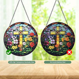 Cross & Wildflowers Stained Glass Window Hanging Suncatcher with Chain - 7.9" Outdoor/Indoor Art Decor for Home Garden, Thanksgiving, Wedding,Mother's, Valentine's & Christmas Ornaments Present