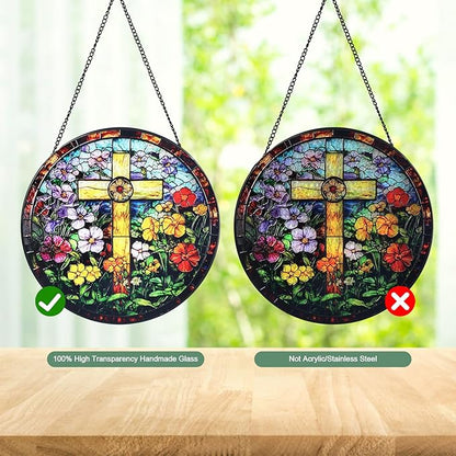 Cross & Wildflowers Stained Glass Window Hanging Suncatcher with Chain - 7.9" Outdoor/Indoor Art Decor for Home Garden, Thanksgiving, Wedding,Mother's, Valentine's & Christmas Ornaments Present