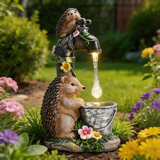 TERESA'S COLLECTIONS Garden Decor, Cute Hedgehogs and Faucet Garden Decor with Solar Light, Waterproof Resin Garden Statue, Outdoor Hedgehogs Figurines, Garden Gift for Women Mom, Indoor/Outdoor