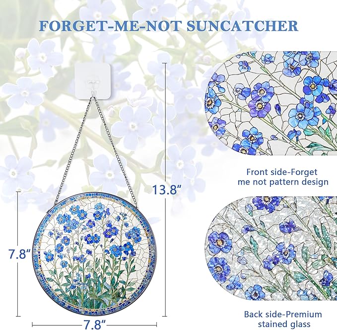 Forget-Me-Not Flower Stained Glass Suncatcher, 8 Inch Handmade Blue Floral Window Hanging Decor for Garden, Sun Catcher Home Decor
