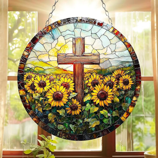 Sunflower Memorial Window Hanging Suncatcher Faux Stained Hummingbirds and Flowers for Women Elegant Home Wall Decor Suncatchers Indoor Window Suncatchers